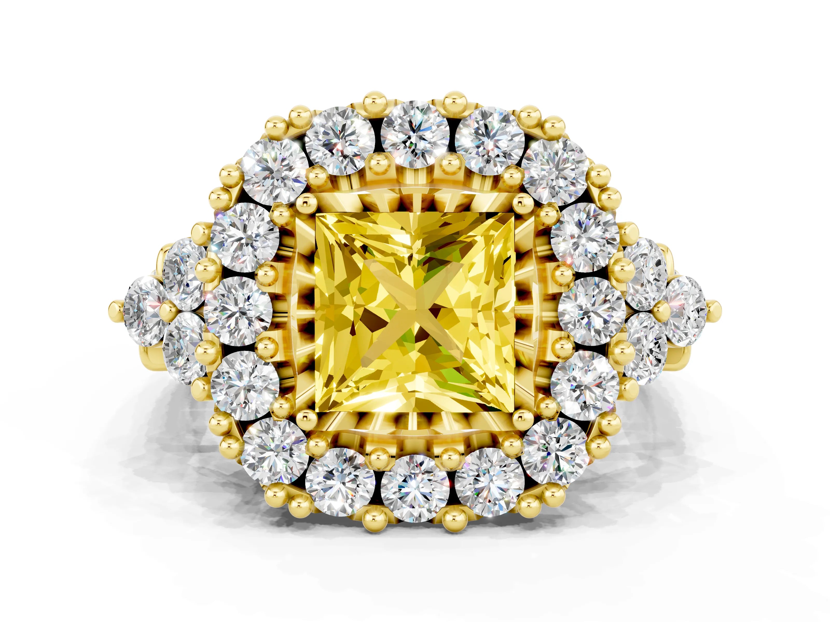 Yellow gold Princess Cut Yellow Sapphire Halo Ring with Pavé Band and Four-Prong Setting_12