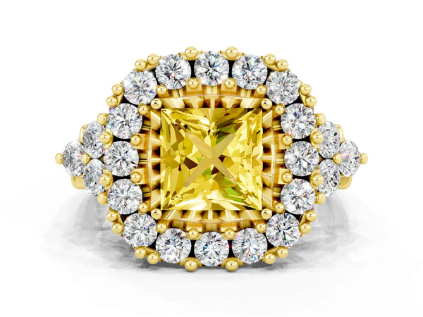 Yellow gold Princess Cut Yellow Sapphire Halo Ring with Pavé Band and Four-Prong Setting