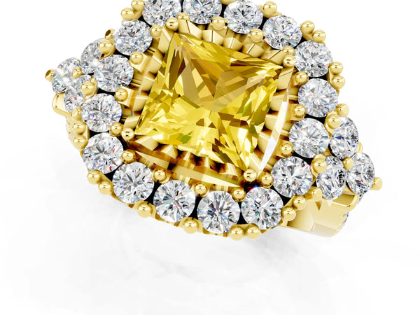Yellow gold Princess Cut Yellow Sapphire Halo Ring with Pavé Band and Four-Prong Setting