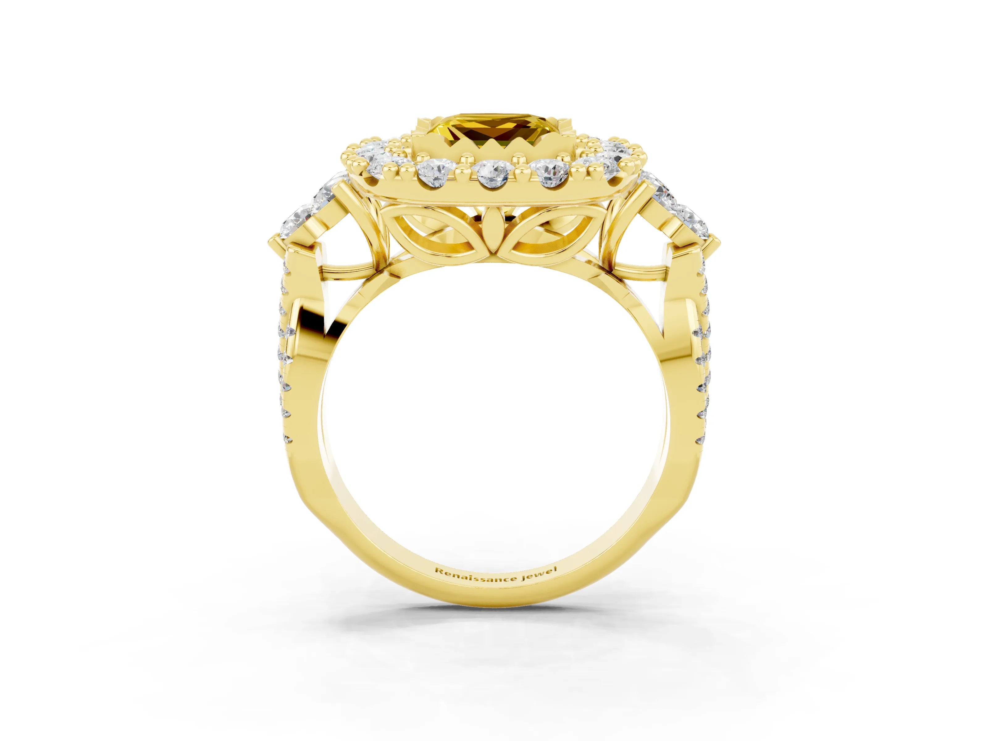 Yellow gold Princess Cut Yellow Sapphire Halo Ring with Pavé Band and Four-Prong Setting_15