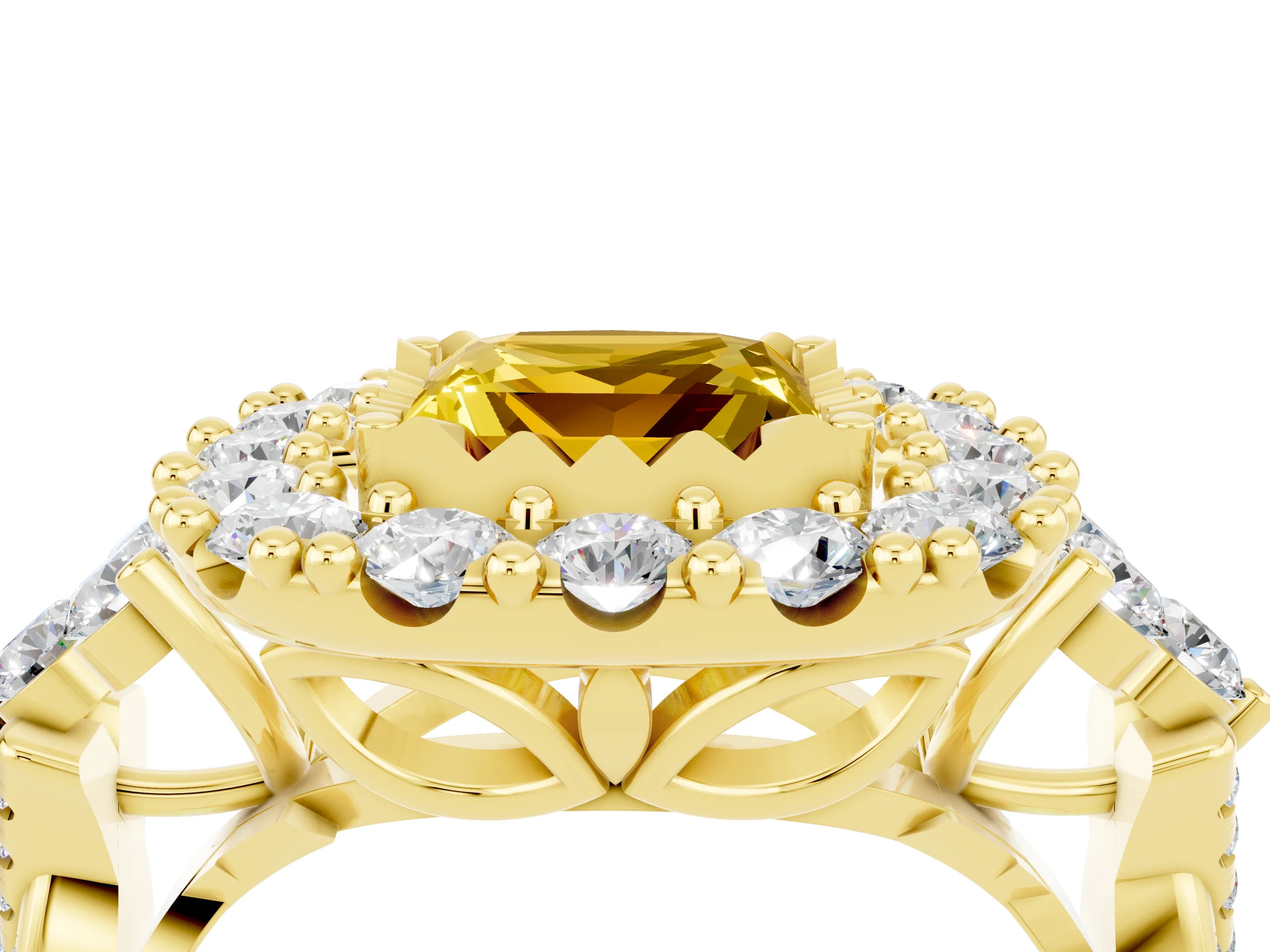 Yellow gold Princess Cut Yellow Sapphire Halo Ring with Pavé Band and Four-Prong Setting_16