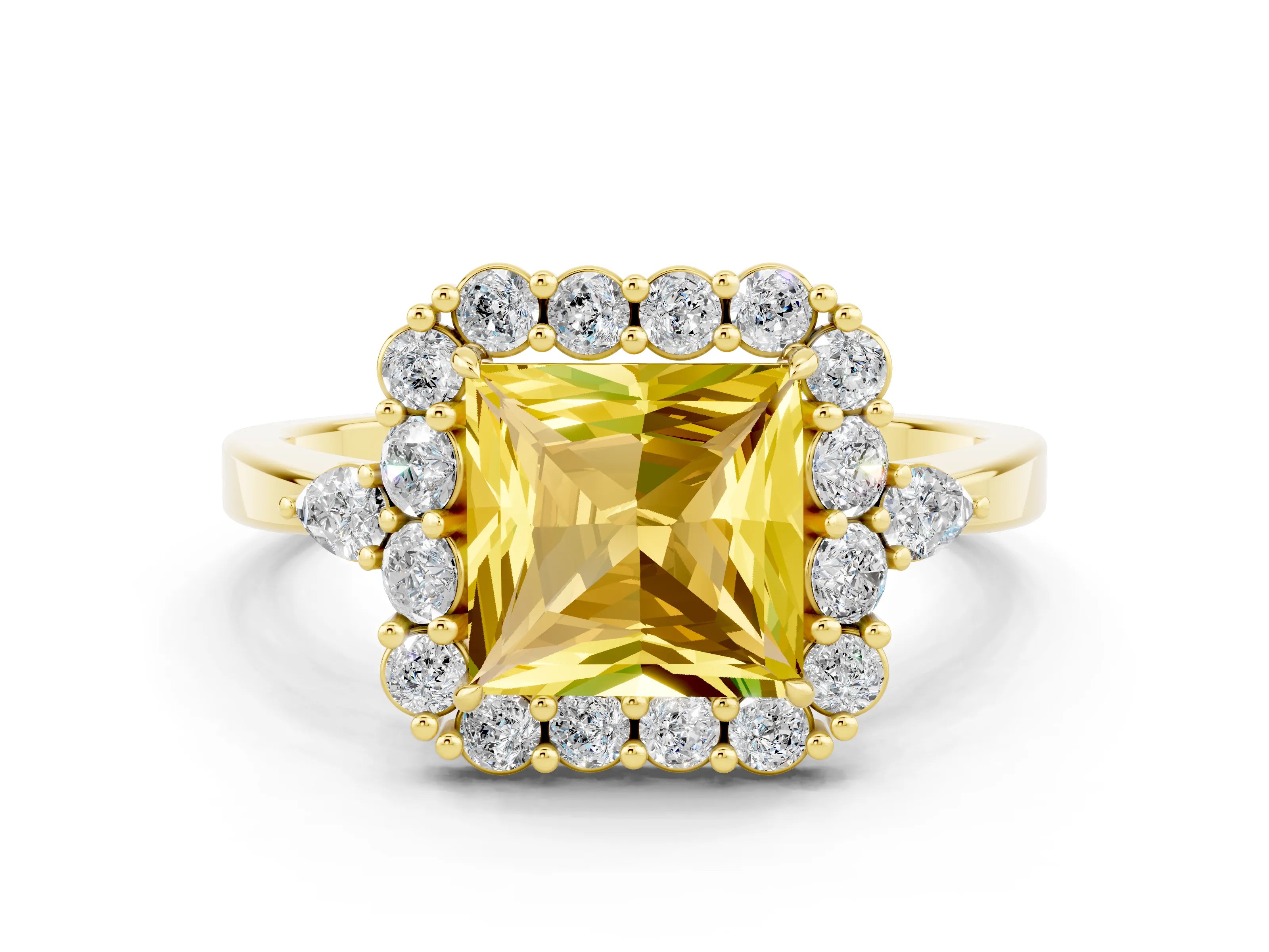 Yellow gold Princess Cut Yellow Sapphire Halo Ring with Pear Side Stones and Prong Setting_12