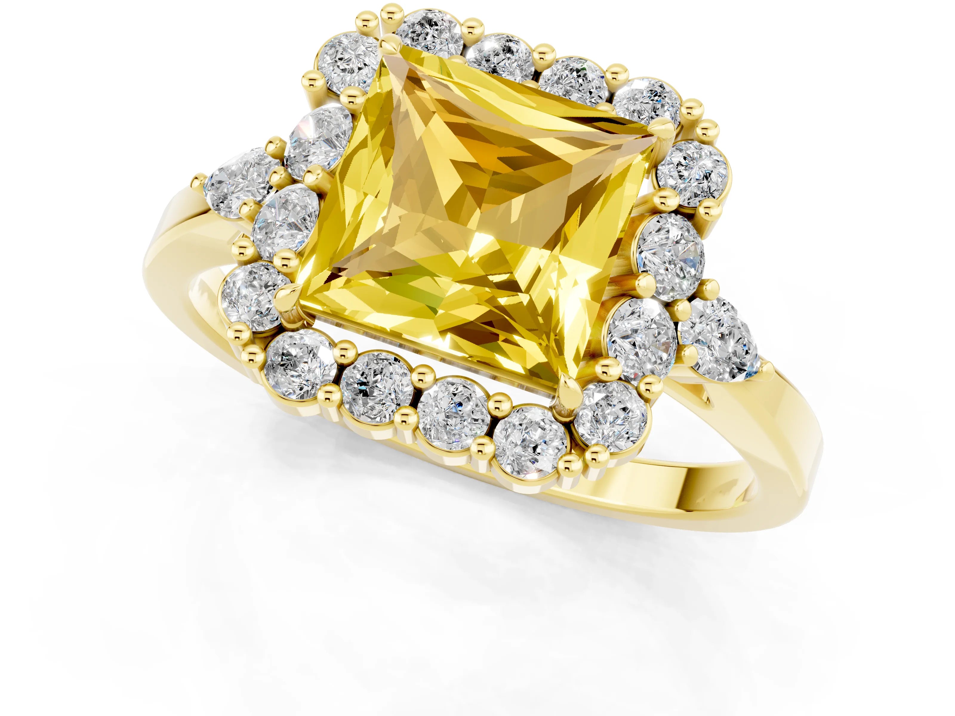 Yellow gold Princess Cut Yellow Sapphire Halo Ring with Pear Side Stones and Prong Setting_13