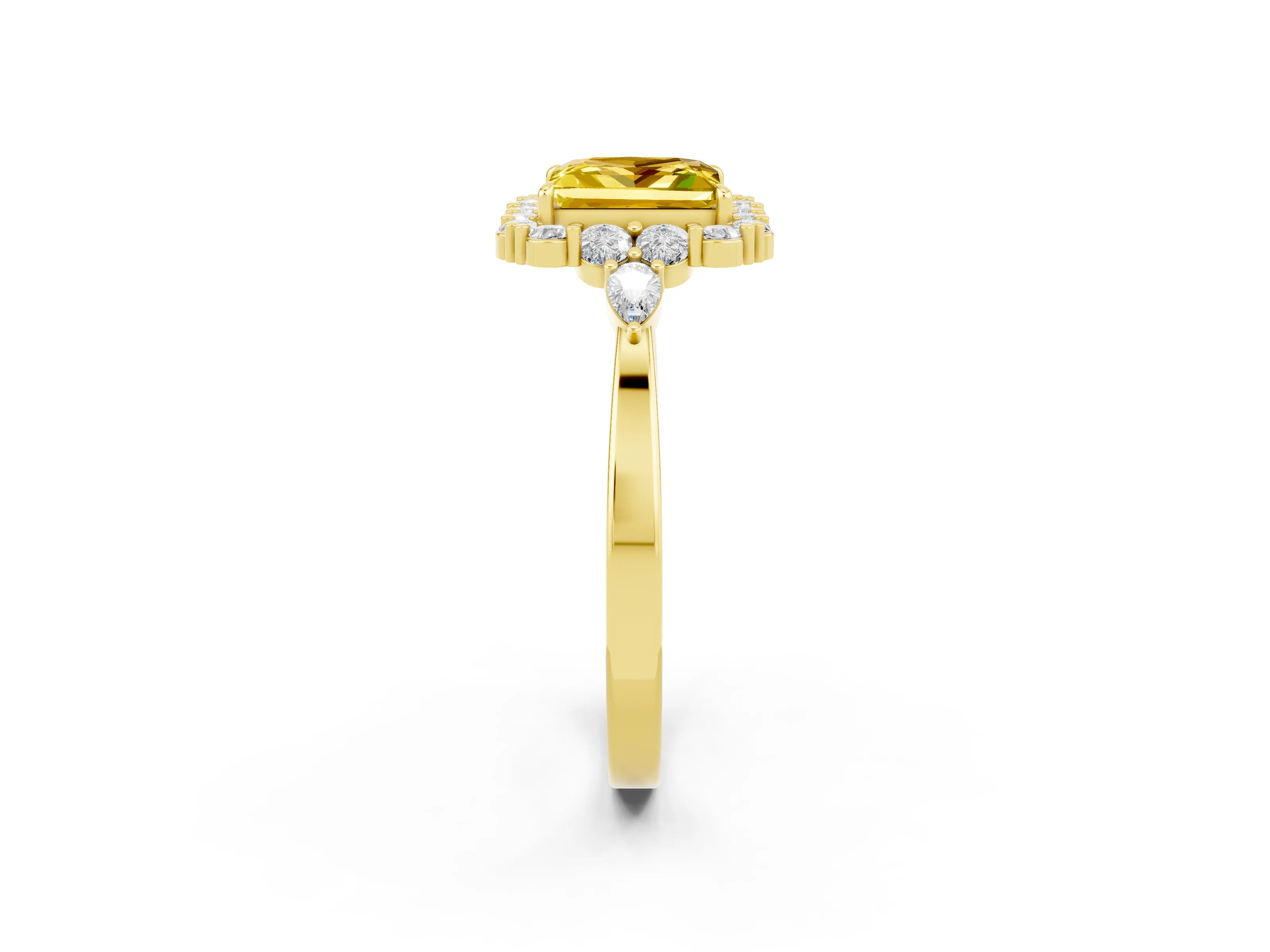 Yellow gold Princess Cut Yellow Sapphire Halo Ring with Pear Side Stones and Prong Setting_14