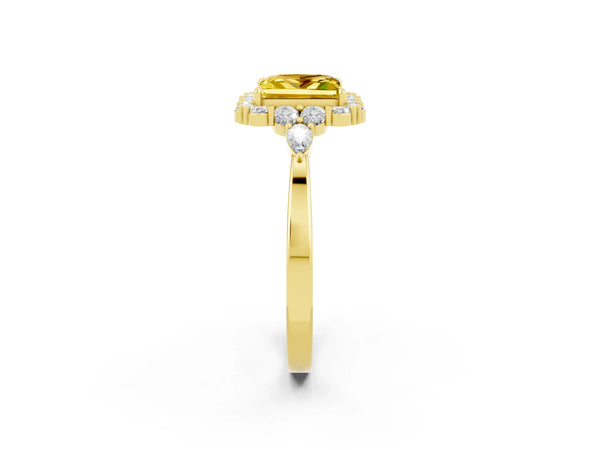 Yellow gold Princess Cut Yellow Sapphire Halo Ring with Pear Side Stones and Prong Setting
