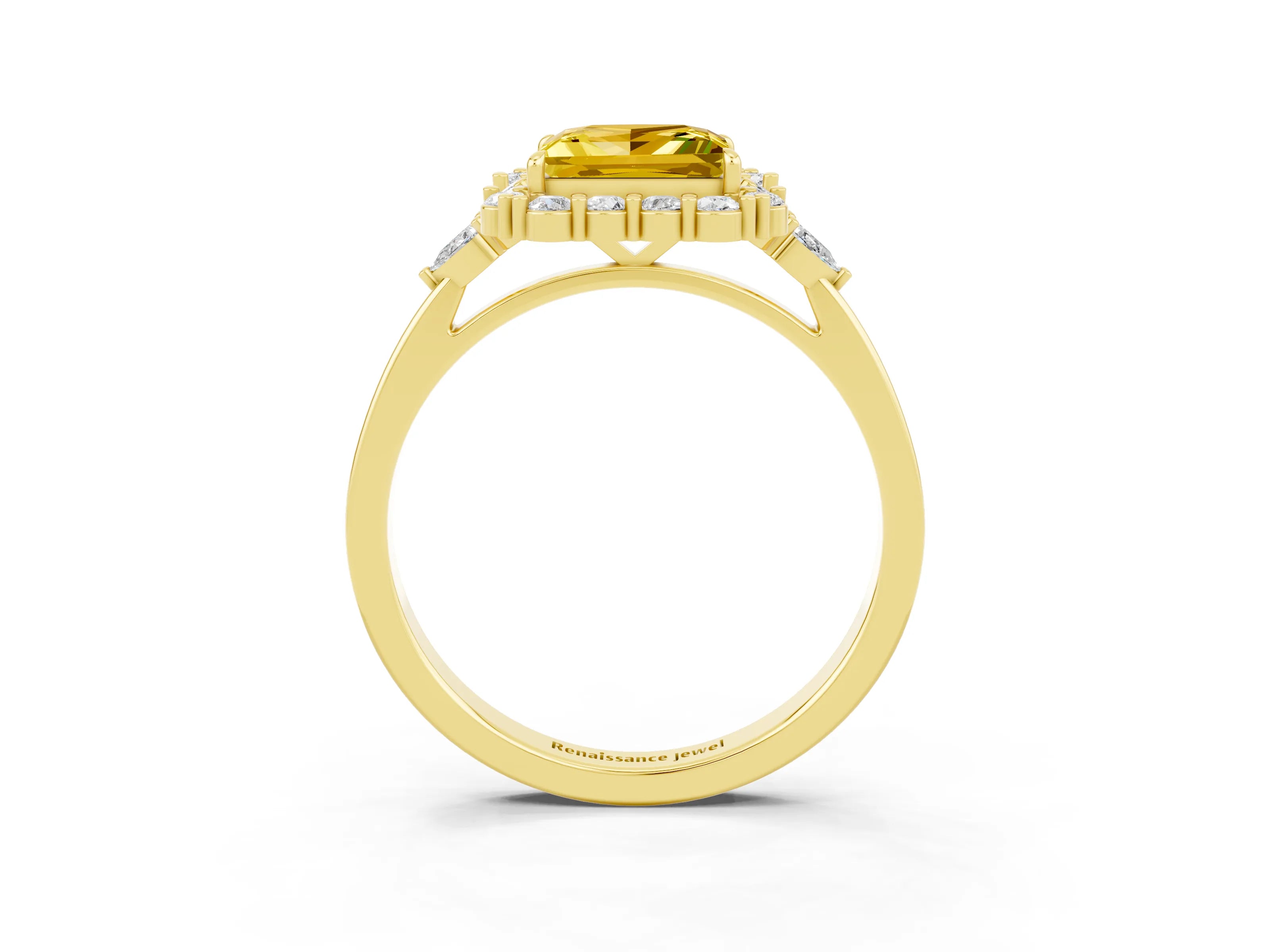 Yellow gold Princess Cut Yellow Sapphire Halo Ring with Pear Side Stones and Prong Setting_15