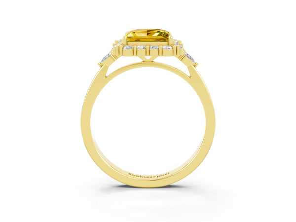 Yellow gold Princess Cut Yellow Sapphire Halo Ring with Pear Side Stones and Prong Setting