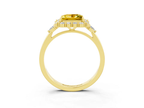 Yellow gold Princess Cut Yellow Sapphire Halo Ring with Pear Side Stones and Prong Setting_15