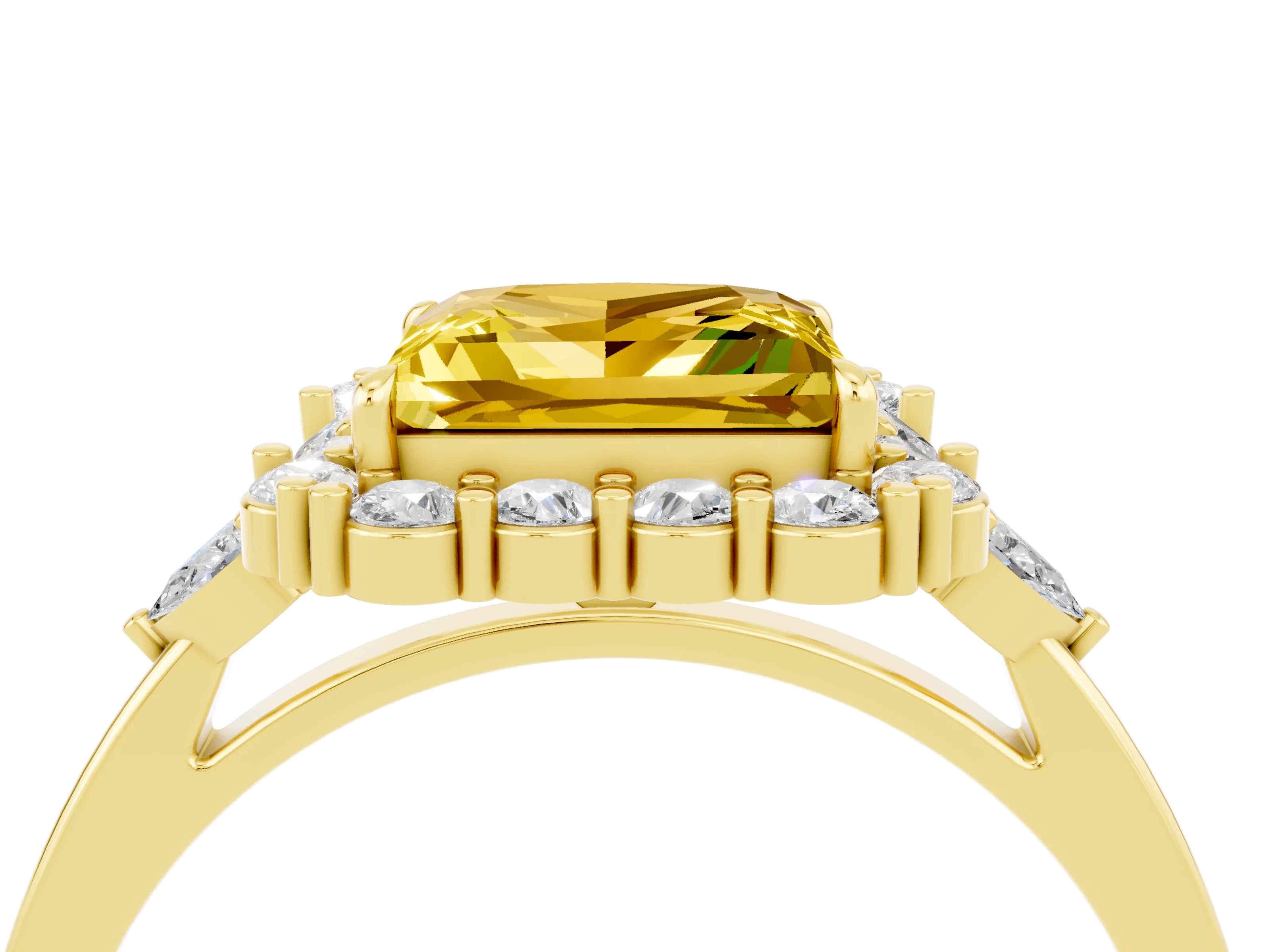 Yellow gold Princess Cut Yellow Sapphire Halo Ring with Pear Side Stones and Prong Setting_16