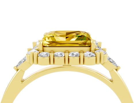 Yellow gold Princess Cut Yellow Sapphire Halo Ring with Pear Side Stones and Prong Setting_16
