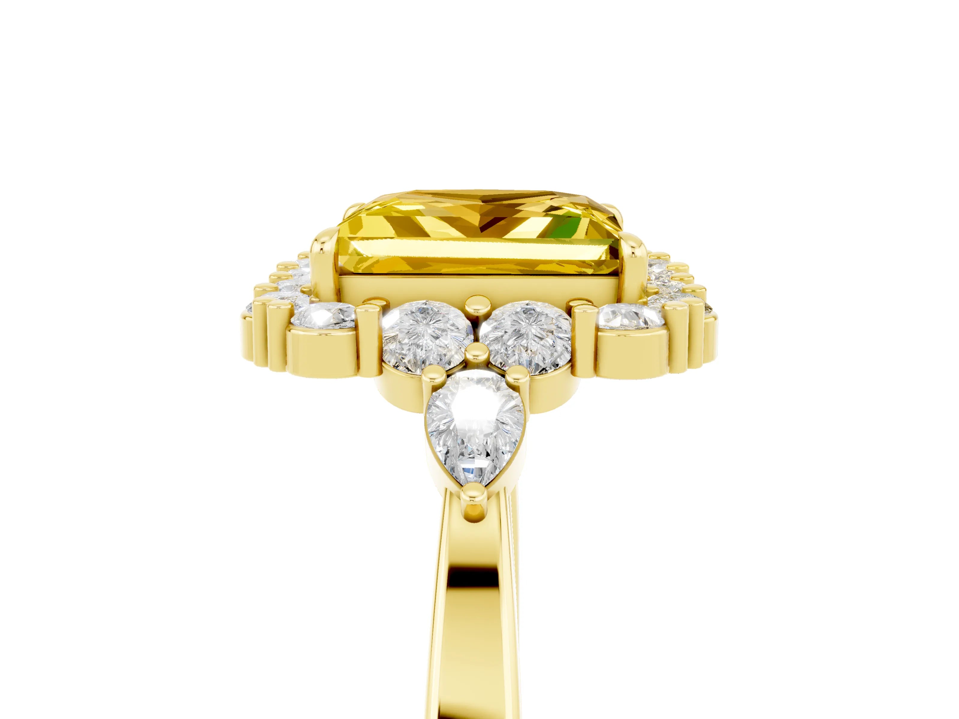 Yellow gold Princess Cut Yellow Sapphire Halo Ring with Pear Side Stones and Prong Setting_17