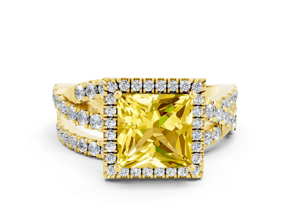 Yellow gold Princess Cut Yellow Sapphire Halo Ring with Round Split Shank and Prong Setting