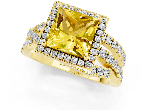 Yellow gold Princess Cut Yellow Sapphire Halo Ring with Round Split Shank and Prong Setting