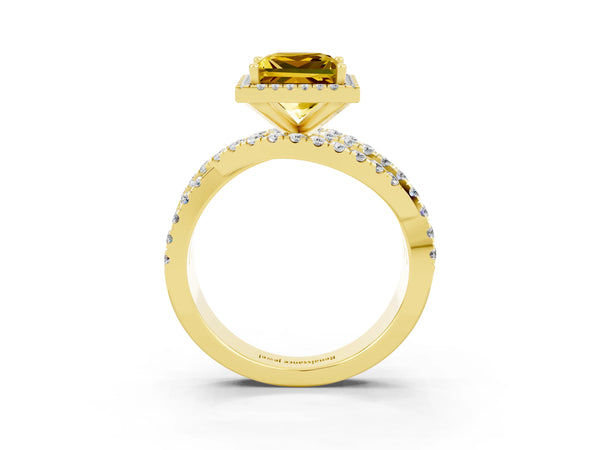 Yellow gold Princess Cut Yellow Sapphire Halo Ring with Round Split Shank and Prong Setting