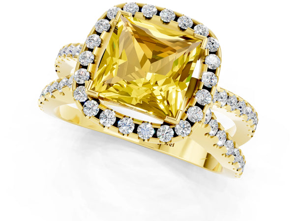 Yellow gold Princess Cut Yellow Sapphire Halo Ring with Split Shank Pavé Band and Prong Setting