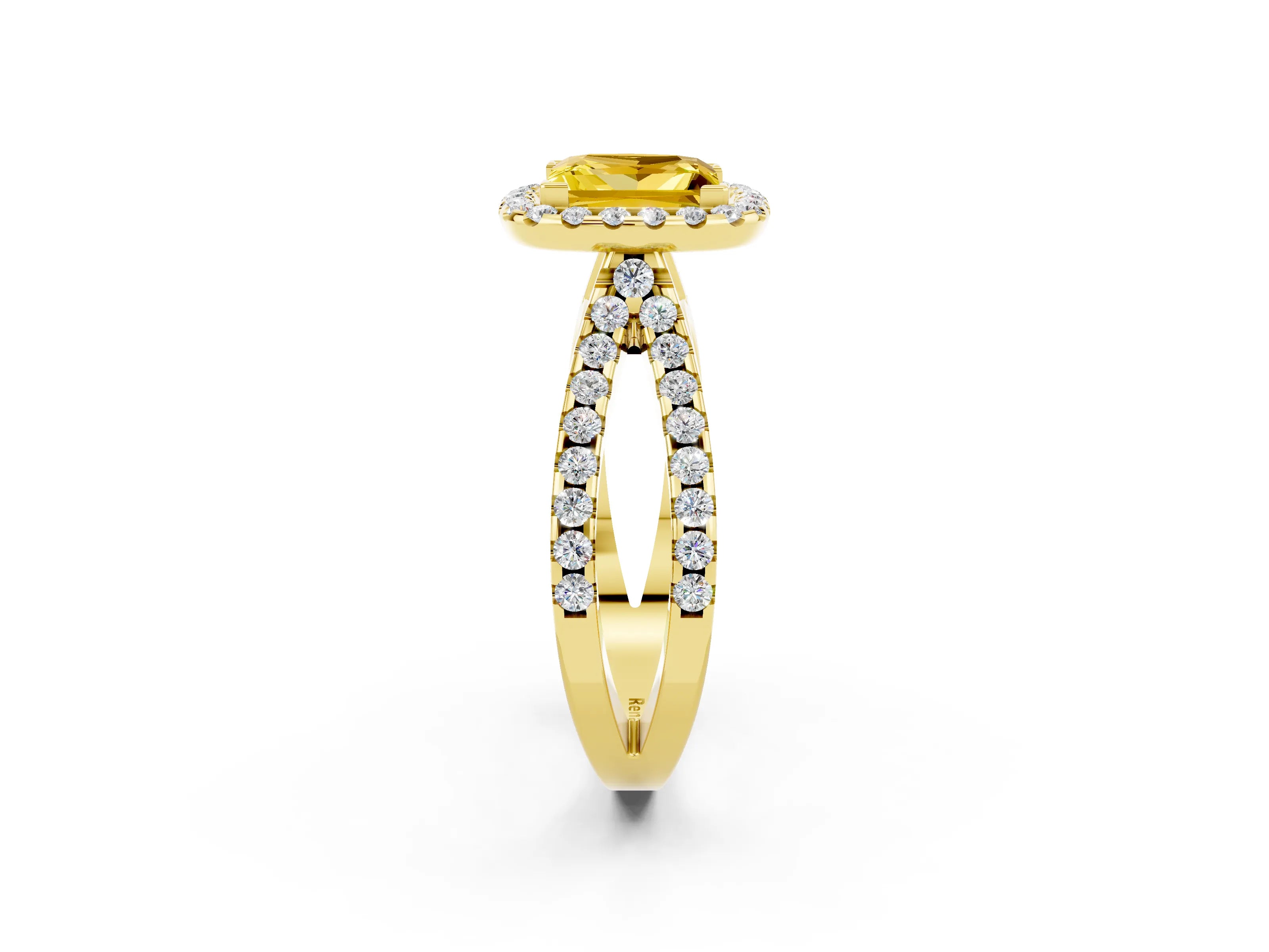 Yellow gold Princess Cut Yellow Sapphire Halo Ring with Split Shank Pavé Band and Prong Setting_14