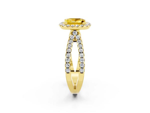 Yellow gold Princess Cut Yellow Sapphire Halo Ring with Split Shank Pavé Band and Prong Setting