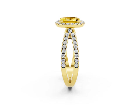 Yellow gold Princess Cut Yellow Sapphire Halo Ring with Split Shank Pavé Band and Prong Setting_14