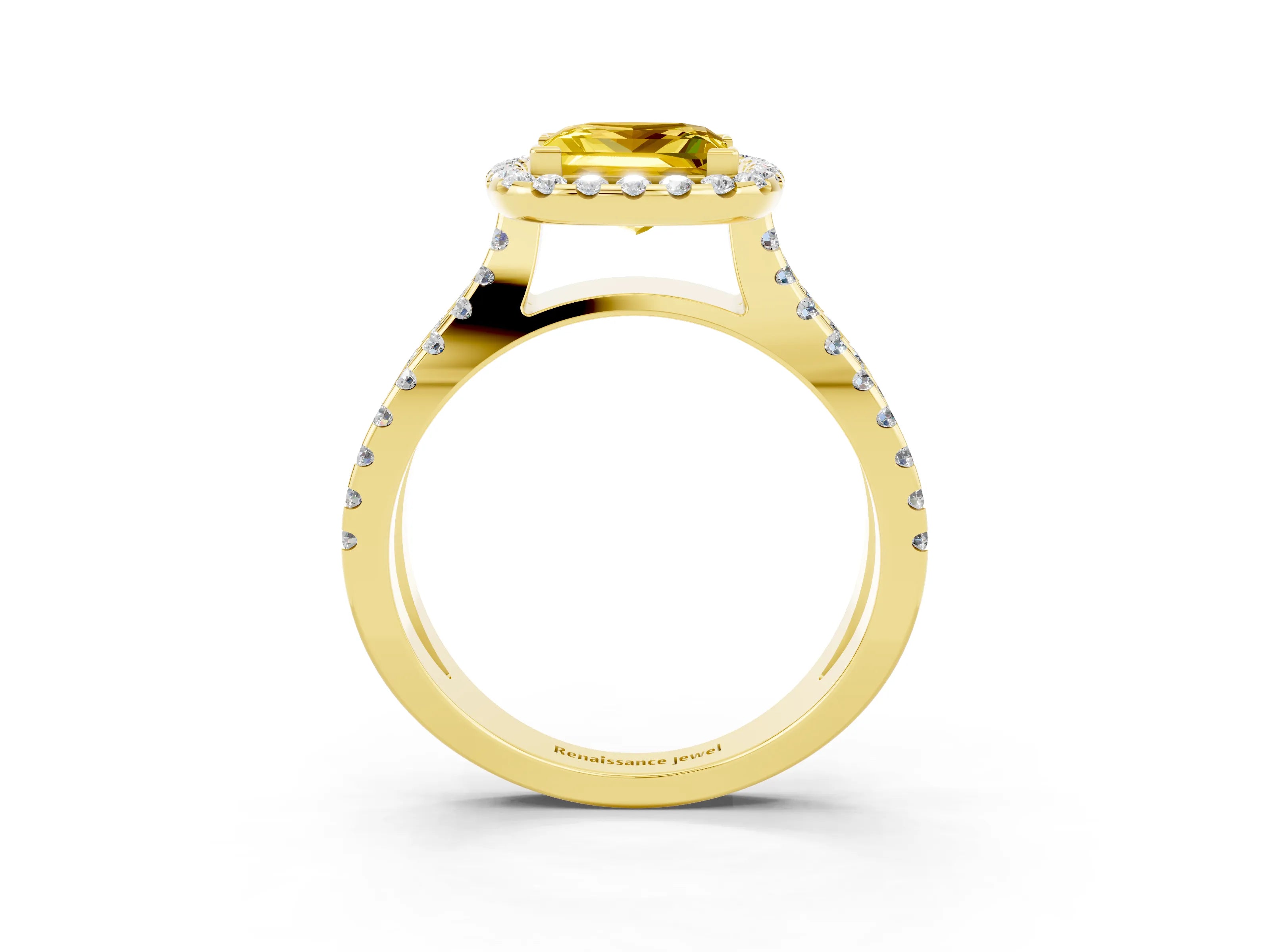 Yellow gold Princess Cut Yellow Sapphire Halo Ring with Split Shank Pavé Band and Prong Setting_15