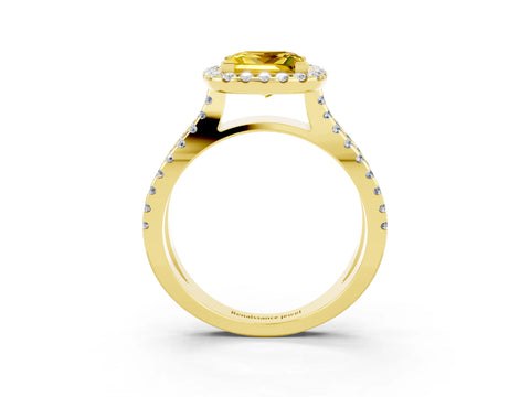 Yellow gold Princess Cut Yellow Sapphire Halo Ring with Split Shank Pavé Band and Prong Setting_15