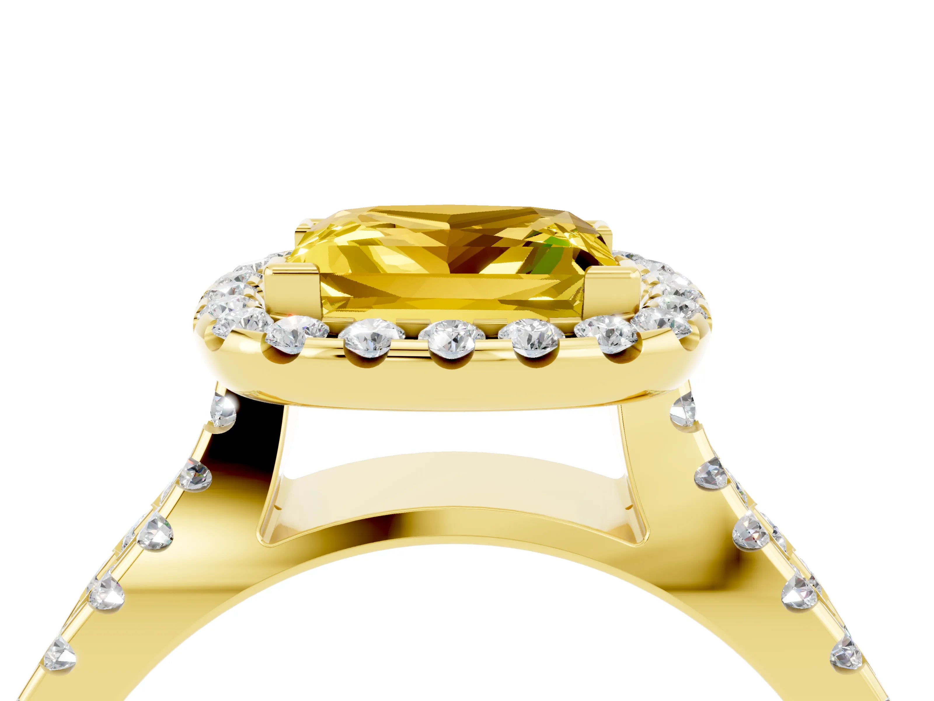 Yellow gold Princess Cut Yellow Sapphire Halo Ring with Split Shank Pavé Band and Prong Setting_16
