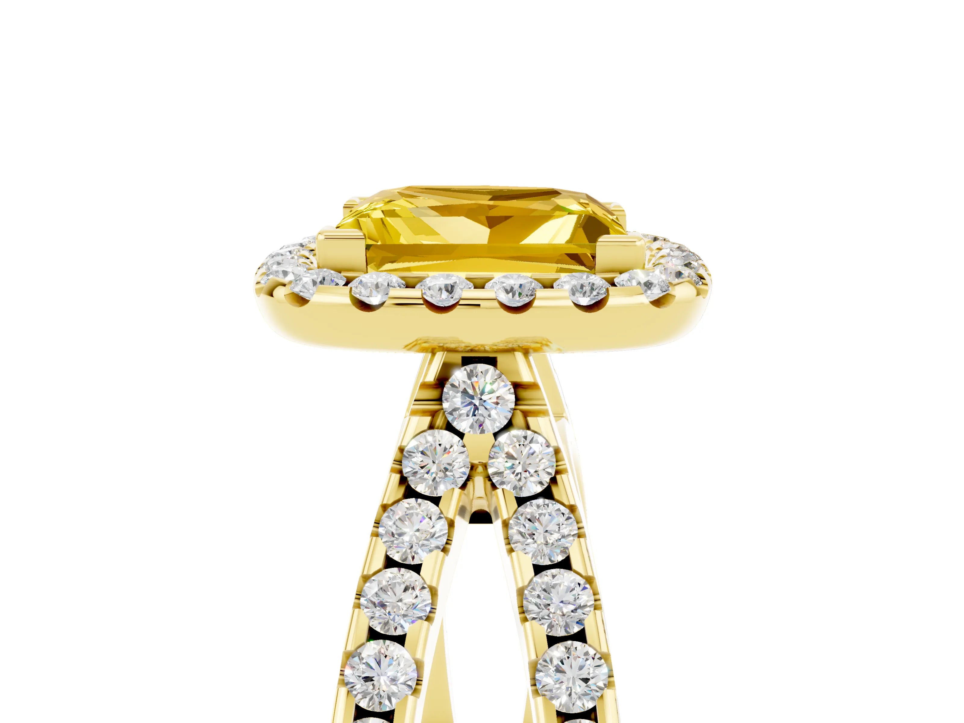 Yellow gold Princess Cut Yellow Sapphire Halo Ring with Split Shank Pavé Band and Prong Setting_17