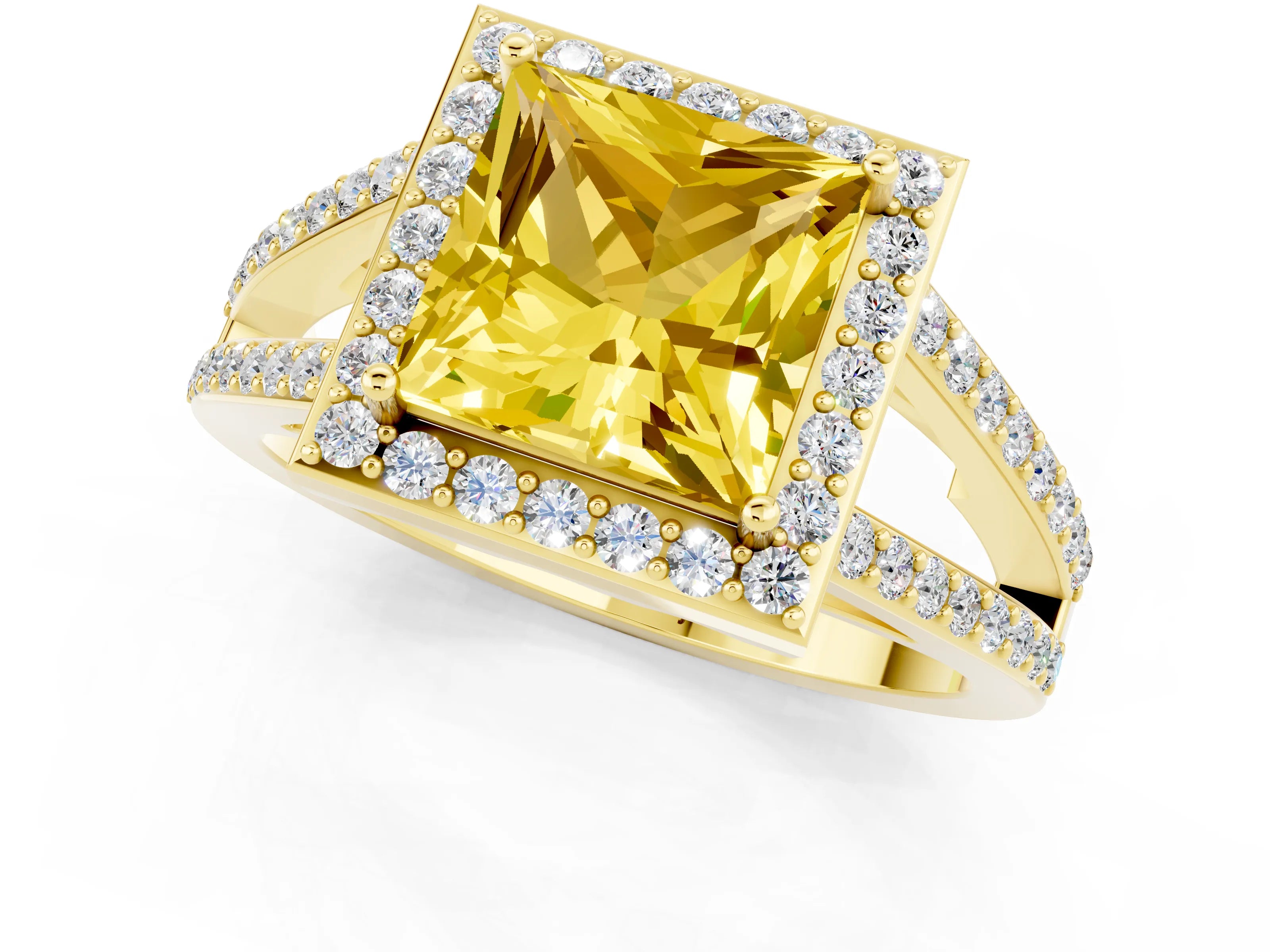 Yellow gold Princess Cut Yellow Sapphire Halo Ring with Split Shank U-Prong Band and Four-Prong Setting_1