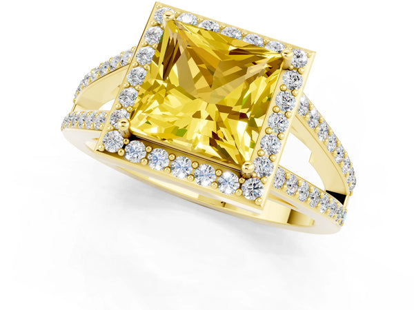 Yellow gold Princess Cut Yellow Sapphire Halo Ring with Split Shank U-Prong Band and Four-Prong Setting