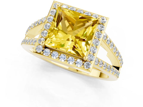 Yellow gold Princess Cut Yellow Sapphire Halo Ring with Split Shank U-Prong Band and Four-Prong Setting_1