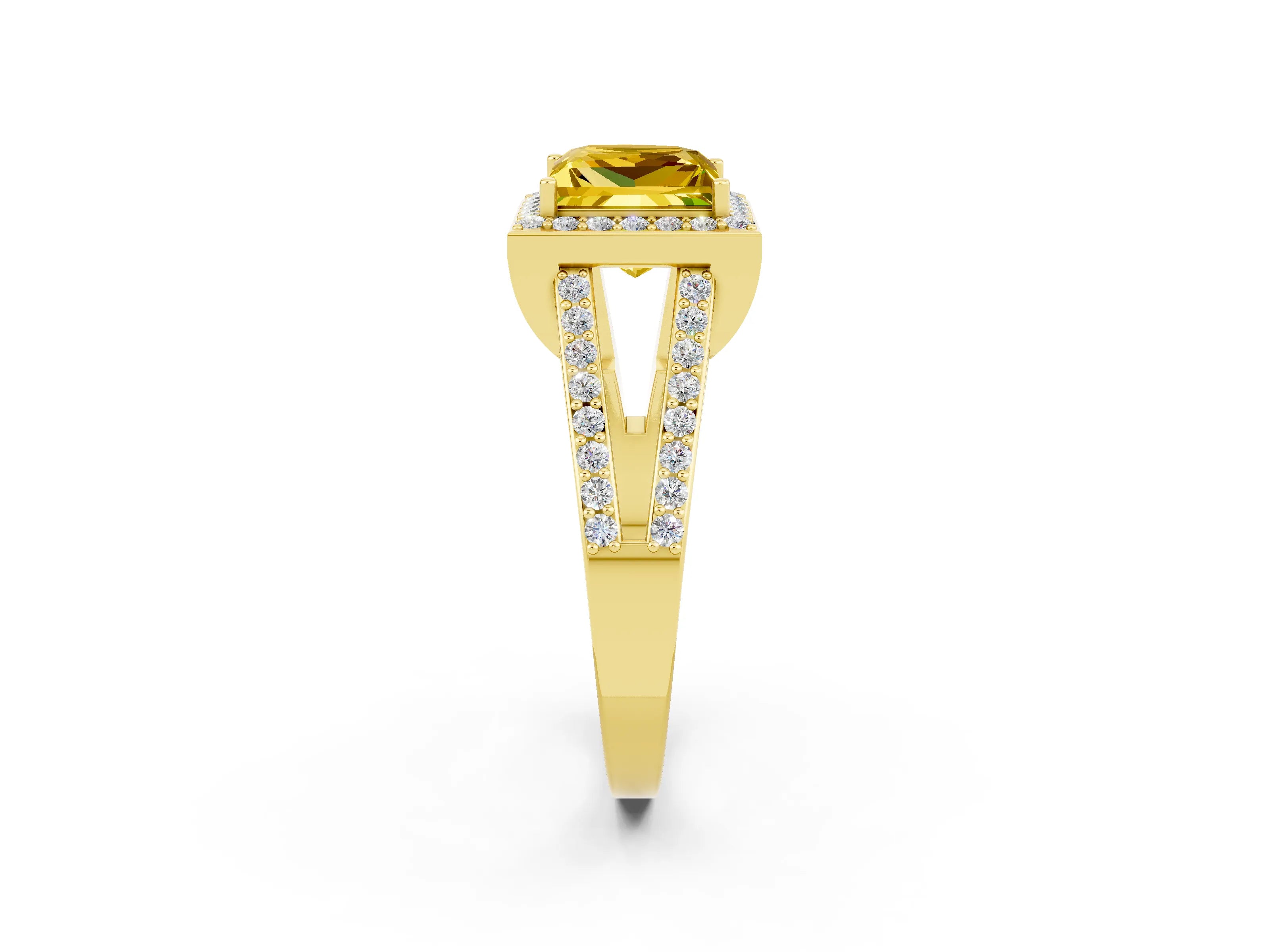 Yellow gold Princess Cut Yellow Sapphire Halo Ring with Split Shank U-Prong Band and Four-Prong Setting_2