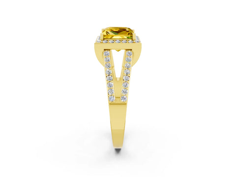 Yellow gold Princess Cut Yellow Sapphire Halo Ring with Split Shank U-Prong Band and Four-Prong Setting_2