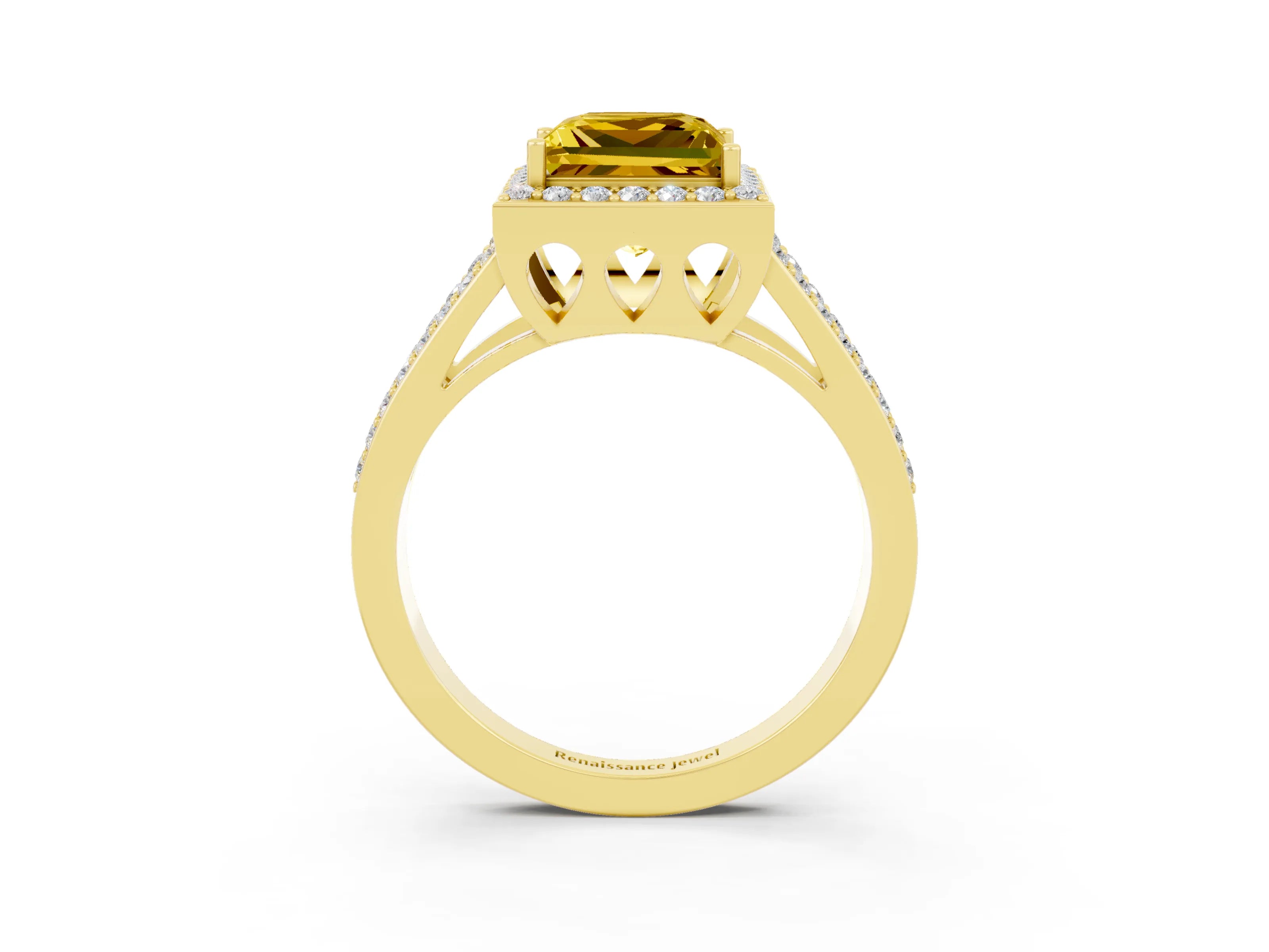 Yellow gold Princess Cut Yellow Sapphire Halo Ring with Split Shank U-Prong Band and Four-Prong Setting_3