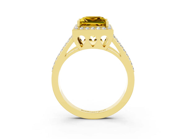 Yellow gold Princess Cut Yellow Sapphire Halo Ring with Split Shank U-Prong Band and Four-Prong Setting
