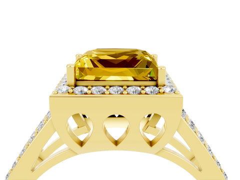 Yellow gold Princess Cut Yellow Sapphire Halo Ring with Split Shank U-Prong Band and Four-Prong Setting_4