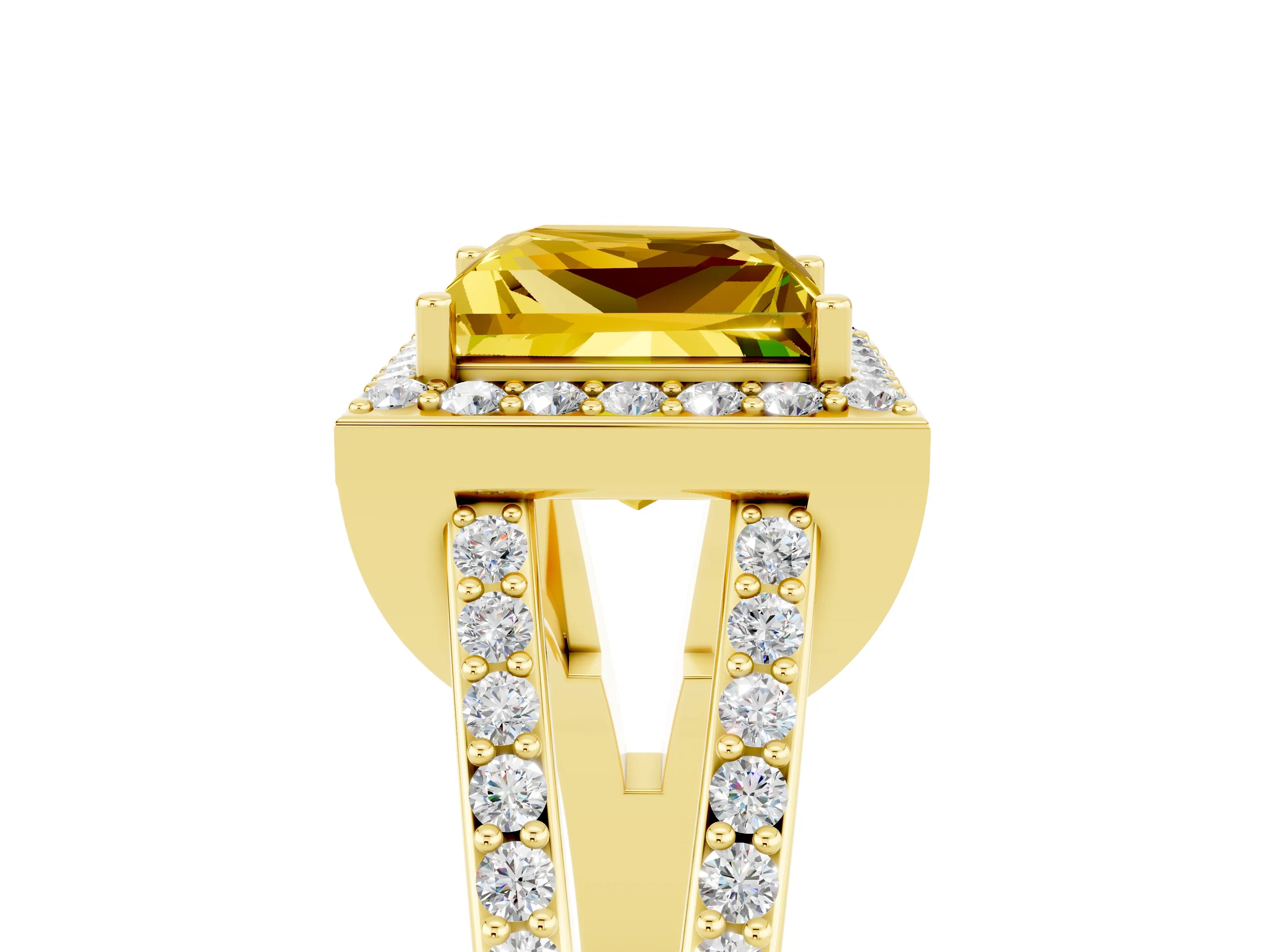 Yellow gold Princess Cut Yellow Sapphire Halo Ring with Split Shank U-Prong Band and Four-Prong Setting_5