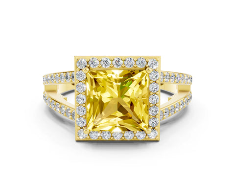 Yellow gold Princess Cut Yellow Sapphire Halo Ring with Split Shank U-Prong Band and Four-Prong Setting