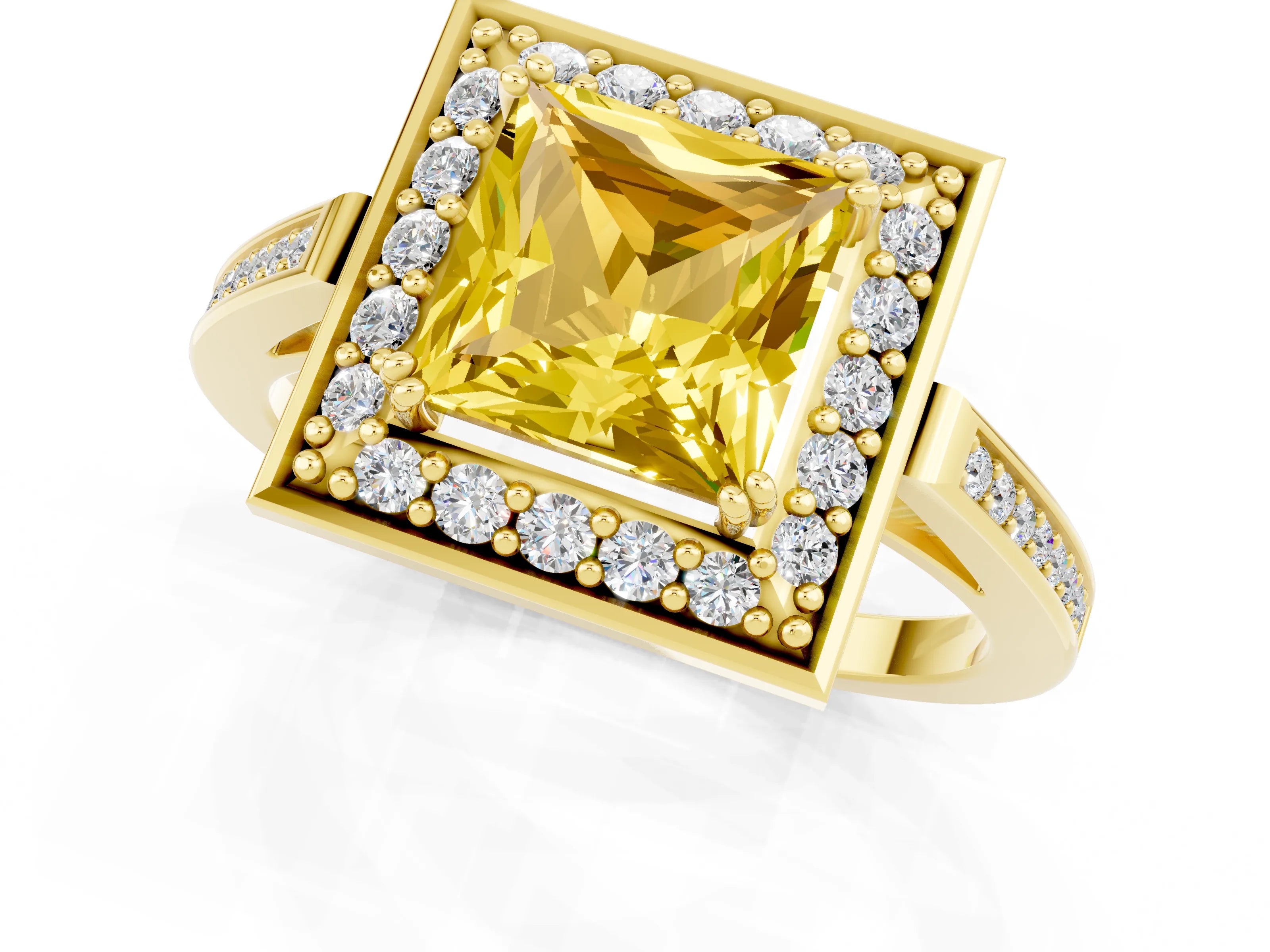 Yellow gold Princess Cut Yellow Sapphire Halo Ring with Split Shank and Four-Prong Setting_1