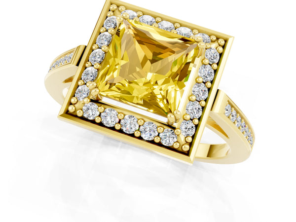 Yellow gold Princess Cut Yellow Sapphire Halo Ring with Split Shank and Four-Prong Setting