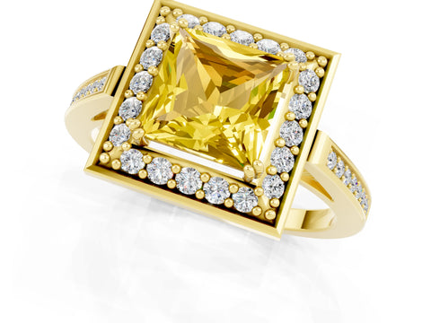 Yellow gold Princess Cut Yellow Sapphire Halo Ring with Split Shank and Four-Prong Setting_1