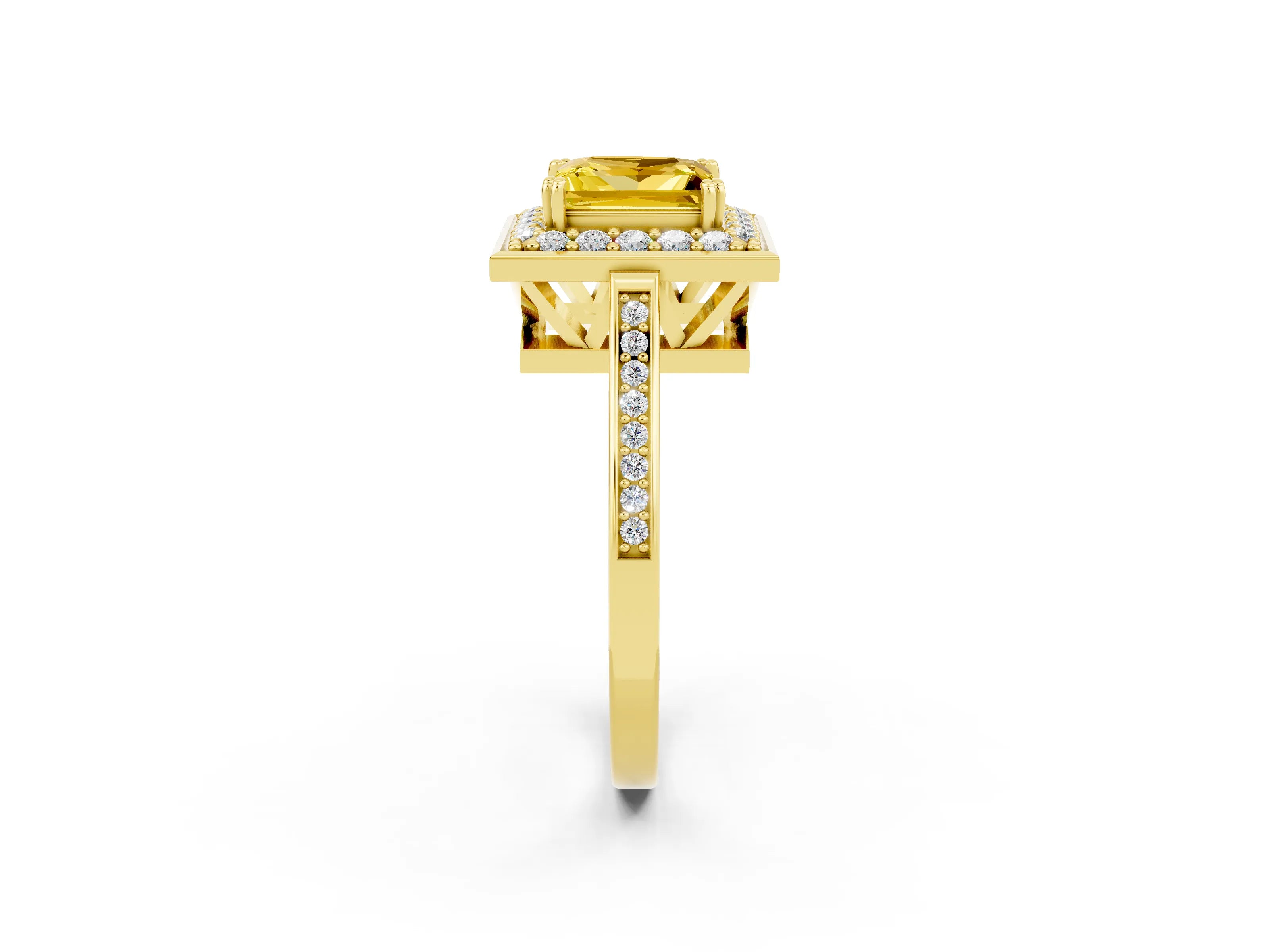 Yellow gold Princess Cut Yellow Sapphire Halo Ring with Split Shank and Four-Prong Setting_2