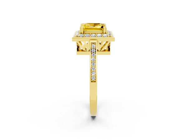 Yellow gold Princess Cut Yellow Sapphire Halo Ring with Split Shank and Four-Prong Setting