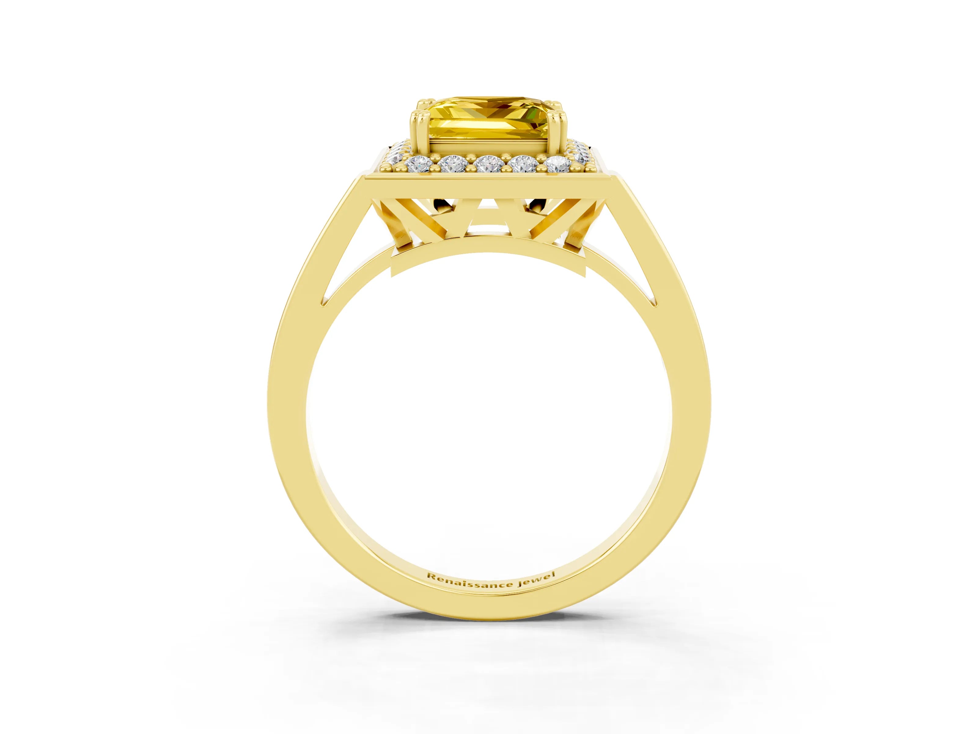 Yellow gold Princess Cut Yellow Sapphire Halo Ring with Split Shank and Four-Prong Setting_3