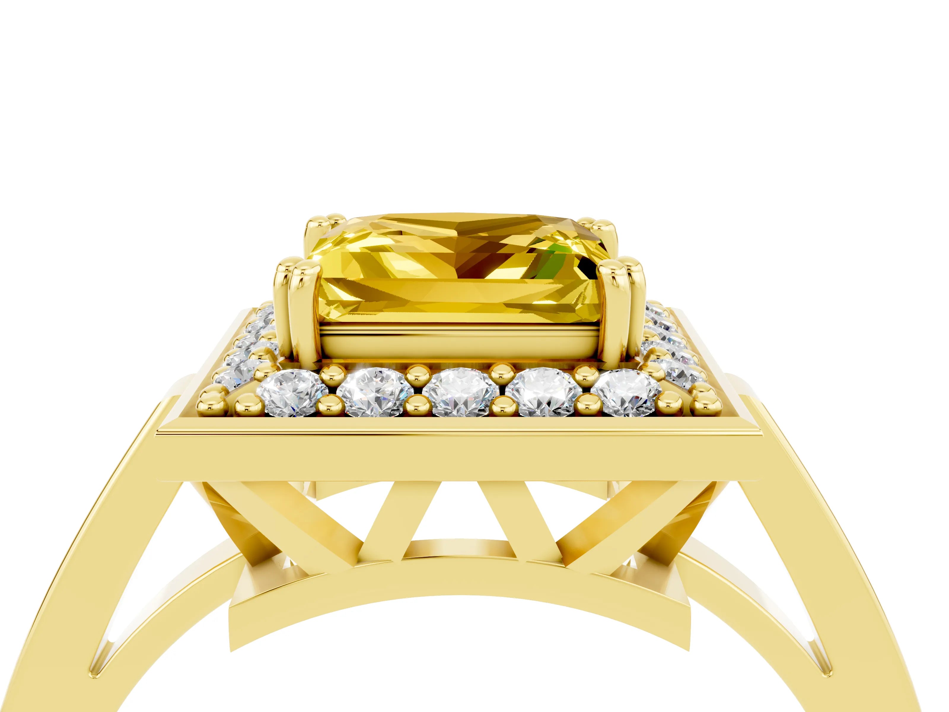 Yellow gold Princess Cut Yellow Sapphire Halo Ring with Split Shank and Four-Prong Setting_4