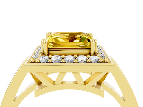 Yellow gold Princess Cut Yellow Sapphire Halo Ring with Split Shank and Four-Prong Setting_4