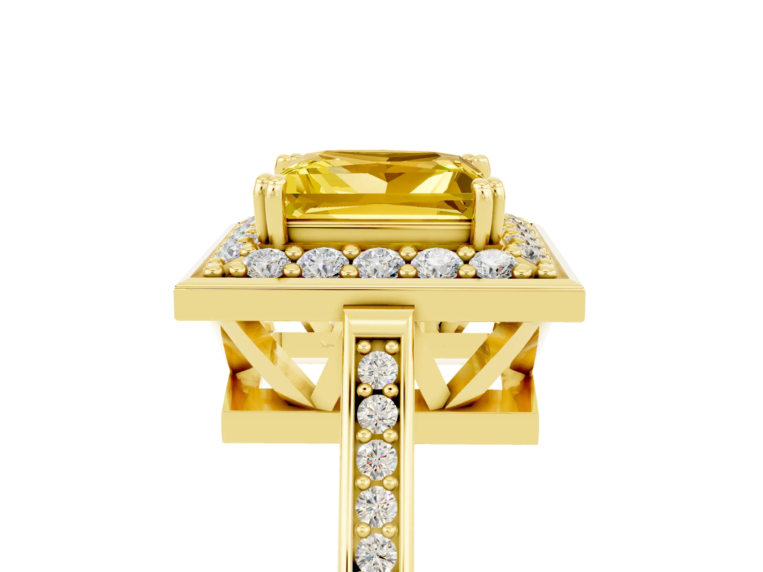 Yellow gold Princess Cut Yellow Sapphire Halo Ring with Split Shank and Four-Prong Setting_5