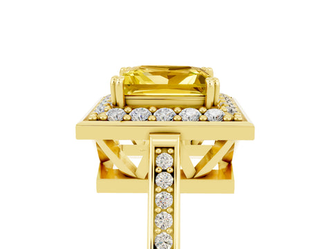 Yellow gold Princess Cut Yellow Sapphire Halo Ring with Split Shank and Four-Prong Setting_5