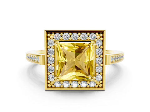 Yellow gold Princess Cut Yellow Sapphire Halo Ring with Split Shank and Four-Prong Setting