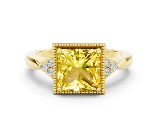 Yellow gold Princess Cut Yellow Sapphire Halo Ring with Tapered Band and Four-Prong Setting