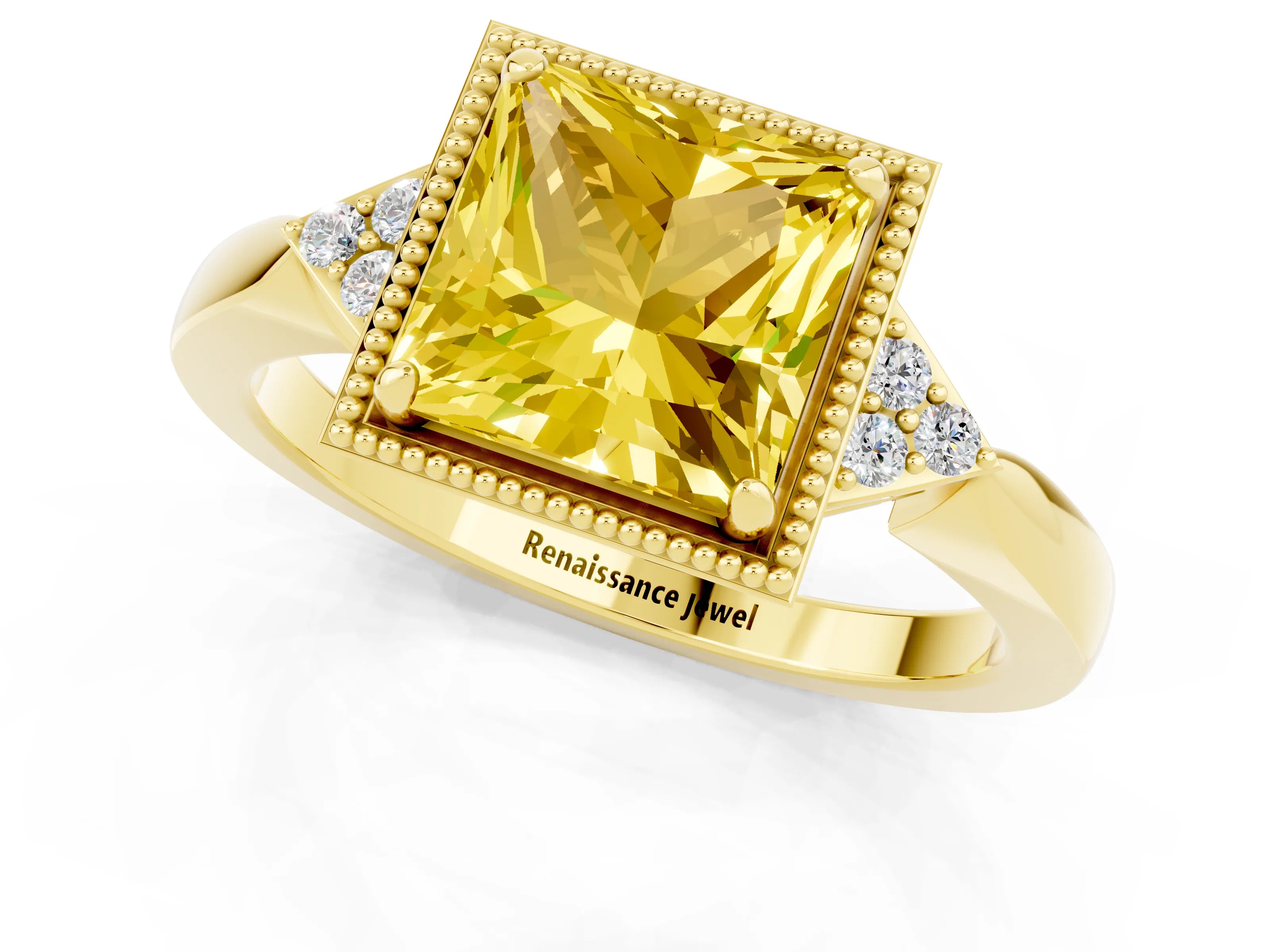 Yellow gold Princess Cut Yellow Sapphire Halo Ring with Tapered Band and Four-Prong Setting_1