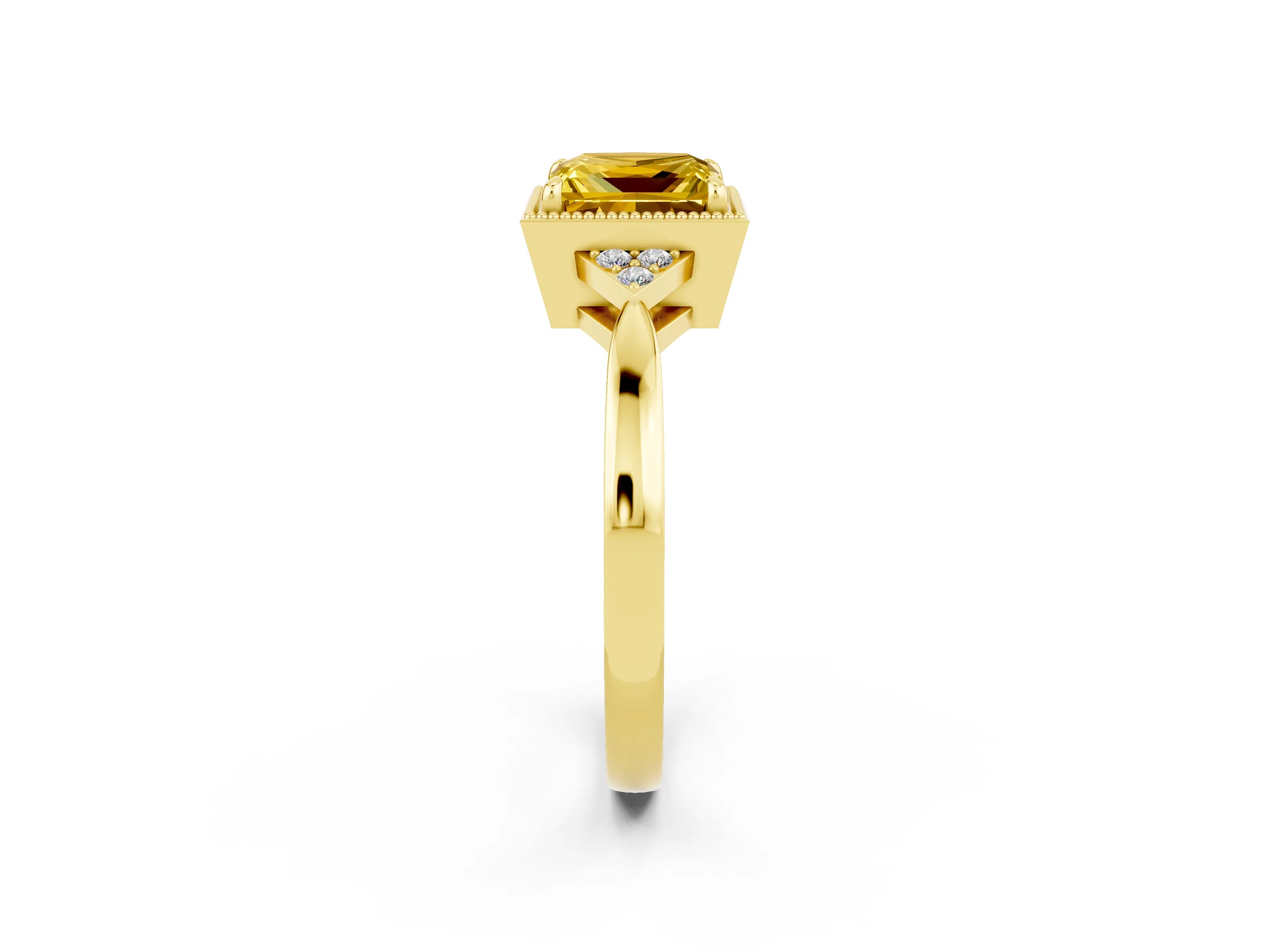 Yellow gold Princess Cut Yellow Sapphire Halo Ring with Tapered Band and Four-Prong Setting_2